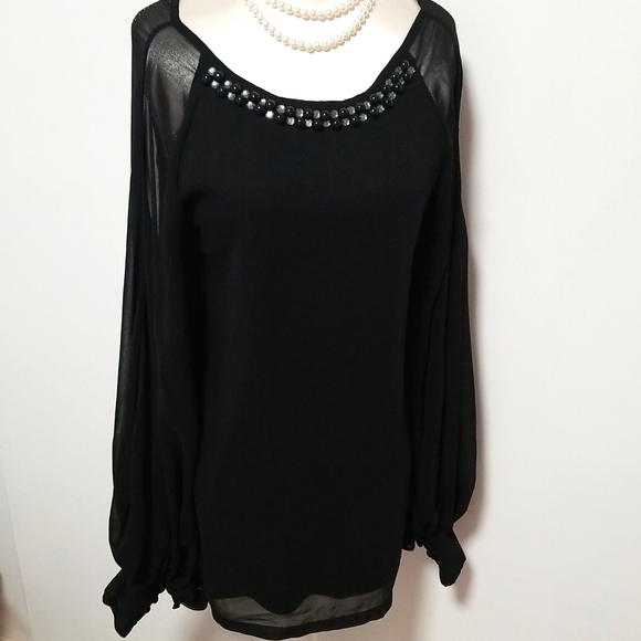 Black Shift Dress with Beads & Embellishments Sheer Long Sleeves - Picture 3 of 16